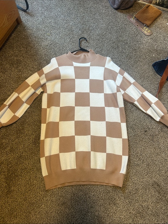 Blu Pepper Sweaters - Blu Pepper Checkerboard Knit Turtleneck Sweater - Cream & Tan